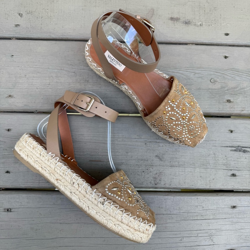 Valentino Garavani Brown Suede Peep Toe Ankle Strap Platform Espadrilles size 40 - Picture 2 of 13